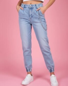 22 . Γυναικείο Ψηλόμεσο Cargo Mom Fit Τζιν με Λάστιχο & Αλυσίδα