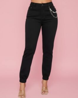 51 . Γυναικείο Μαύρο Ψηλόμεσο Jeans Jogger με Αλυσίδα – Slim Fit & Ελαστικό σε Προσφορά