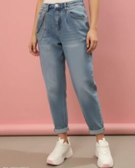 .7 . Γυναικείο Τζιν Cargo με Αλυσίδα & Ρεβέρ – Ελαστικό Denim