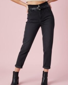 35 . Black High Waist Jeans με Λάστιχο & Ρεβέρ Μαύρο Ψηλόμεσο Τζιν Push Up με Ζώνη | High Waist