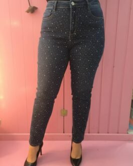 27 .Γυναικείο Τζιν Ψηλόμεσο με Στρας – Ελαστικό Push Up σε Μεγάλα Μεγέθη