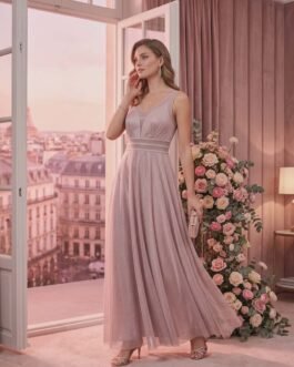 12. Αέρινο Τούλινο Βραδινό Glitter Φόρεμα με V Ντεκολτέ – Romantic Maxi Dress – ροζ ,baby pink