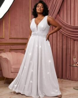 19.Bridal dress ,  Plus Size Elegant Evening White Dress -Λευκό Glitter Νυφικό Maxi Φόρεμα με Αέρινη Φούστα