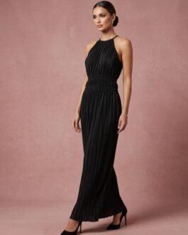 25. Μαύρο Πλισέ Σατέν Βραδινό Φόρεμα – Black Pleated Satin Evening Dress
