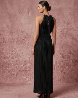 25. Μαύρο Πλισέ Σατέν Βραδινό Φόρεμα – Black Pleated Satin Evening Dress