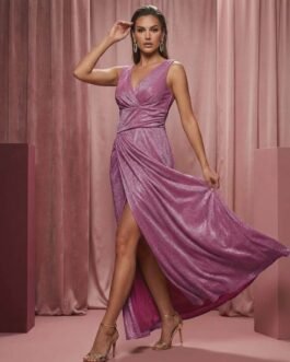 .2 . Maxi Λουρεξ Βραδινό Φόρεμα με Σκίσιμο – Ελαστικό – Ιδανικό για Γάμο & Βάφτιση – χρυσο και ροζ