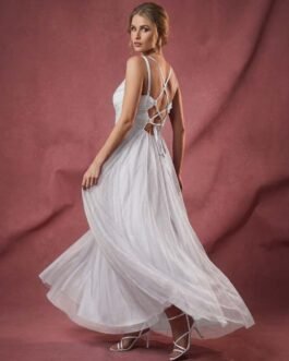 .4 . Bridal Dress – Λευκό Glitter Νυφικό Maxi Φόρεμα με Αέρινη Φούστα