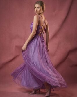 .4 . Maxi Glitter Βραδινό Φόρεμα με Αέρινη Φούστα & Δέσιμο στην Πλάτη – Ιδανικό για Γάμο & Βάφτιση