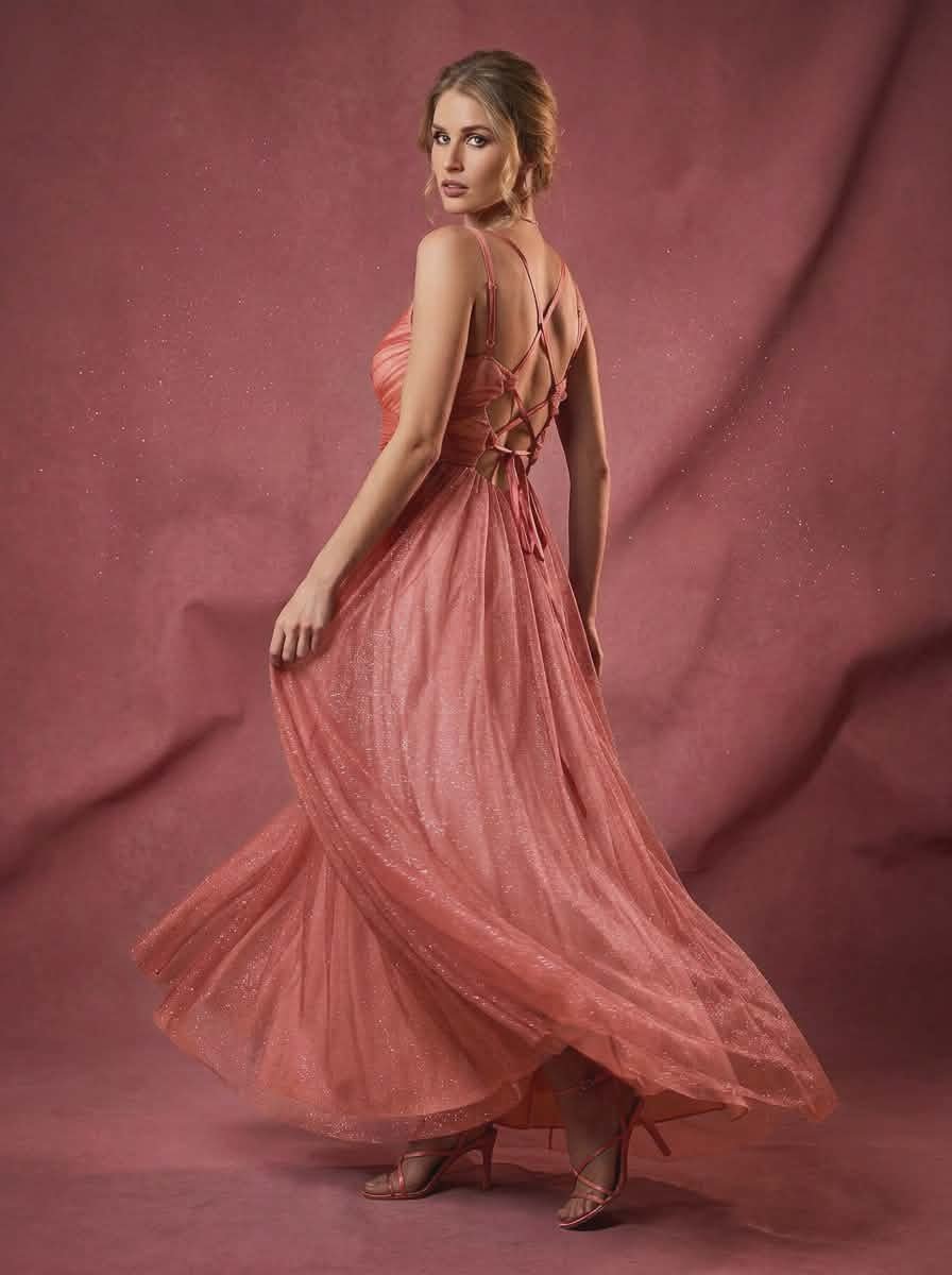 .4 . Maxi Glitter Βραδινό Φόρεμα με Αέρινη Φούστα & Δέσιμο στην Πλάτη – Ιδανικό για Γάμο & Βάφτιση - Image 5