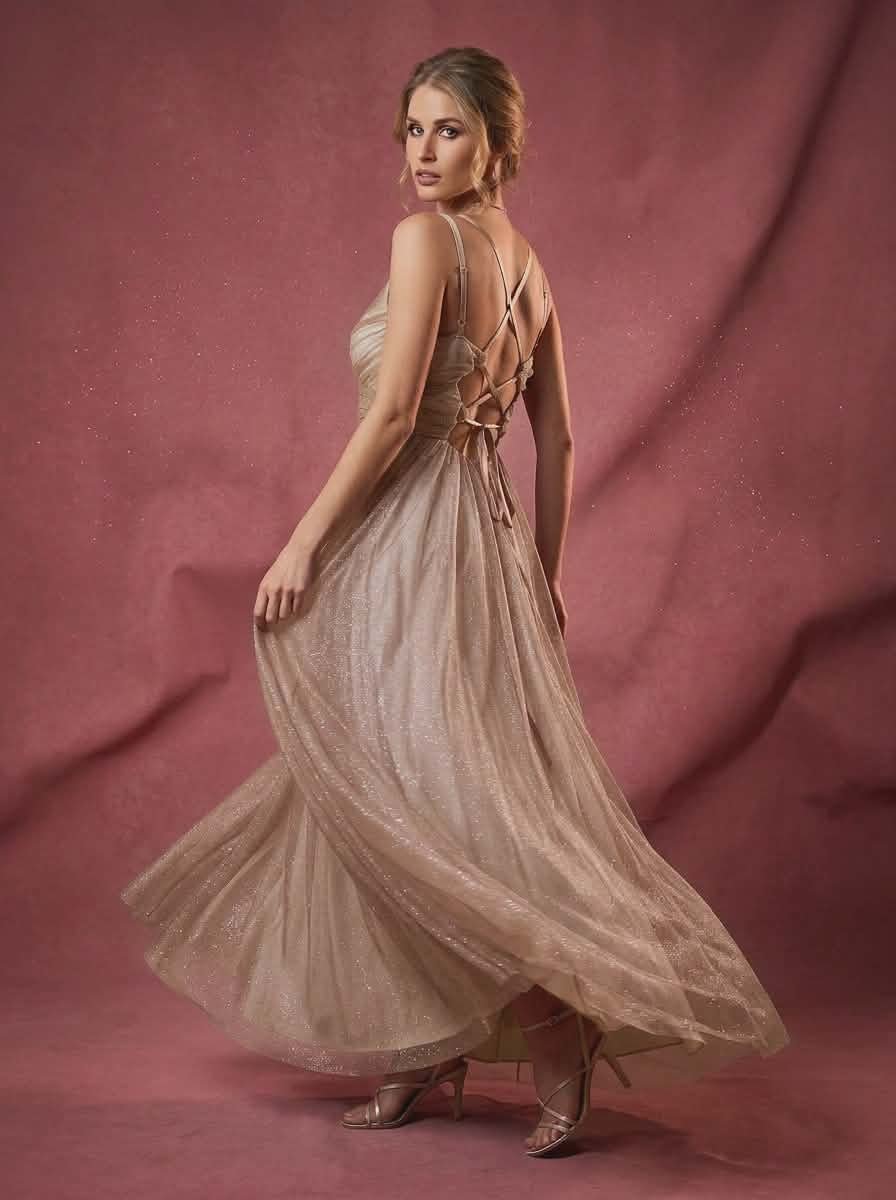 .4 . Maxi Glitter Βραδινό Φόρεμα με Αέρινη Φούστα & Δέσιμο στην Πλάτη – Ιδανικό για Γάμο & Βάφτιση - Image 6