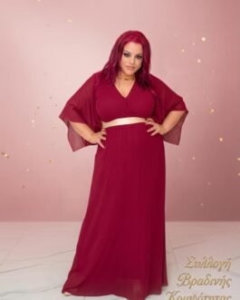 60. Plus Size Αέρινο Βραδινό Φόρεμα – Βυσσινί με Χρυσή Ζώνη