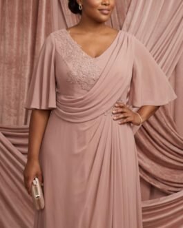 65. Plus Size Αέρινο Φόρεμα με Ντραπέ & Δαντέλα / Draped Lace Plus Size  Elegant Maxi Dress