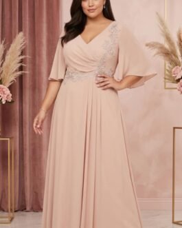 66. Plus Size Αέρινο Φόρεμα Dusty Rose με Δαντέλα / Dusty Rose Plus Size Maxi Elegant Dress