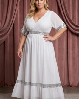 68. Plus Size Αέρινο Λευκό Φόρεμα με Ασημένιες Παγέτες –White Plus Size Chiffon Dress with Silver Details Bridal Option