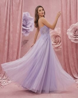 .6 . Maxi Τούλινο Φόρεμα με Δαντέλα & Glitter – Princess Style Evening Dress – Λιλά