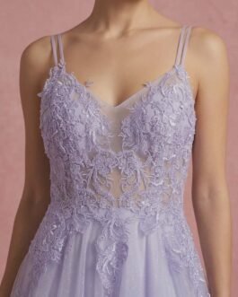 .6 . Maxi Τούλινο Φόρεμα με Δαντέλα & Glitter – Princess Style Evening Dress – Λιλά