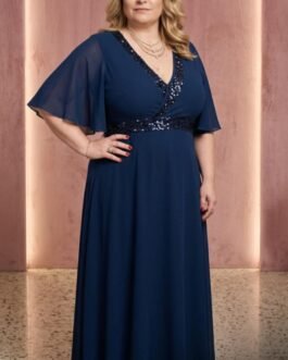70. Plus Size Αέρινο Μπλε Φόρεμα με Παγέτα στο Ντεκολτέ – Navy Blue Plus Size Evening Dress with Sequin Detail /Elegant Maxi
