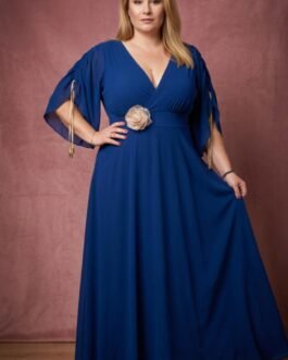 71. Plus Size Αέρινο Μπλε Φόρεμα με Αποσπώμενο Λουλούδι / Blue Plus Size Dress