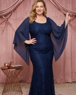 72. Plus Size Δαντελένιο Φόρεμα Γοργόνα με Αέρινα Μανίκια – Elastic Fit / Navy Lace Mermaid Plus Size Dress