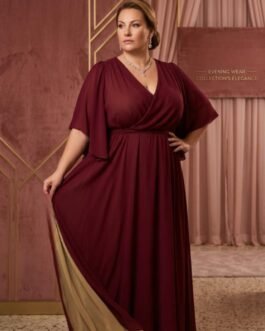 73. Plus Size Αέρινο Κρουαζέ Φόρεμα με Διχρωμία & Πλαϊνά Σκισίματα / Elegant Motion Burgundy Two-Tone Plus Size Maxi Dress