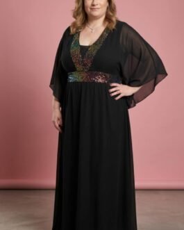 75. Plus Size Μαύρο Αέρινο Φόρεμα με Παγιέτα στο Ντεκολτέ – Elegant & Flowy. Black Plus Size Dress with Sequin Details