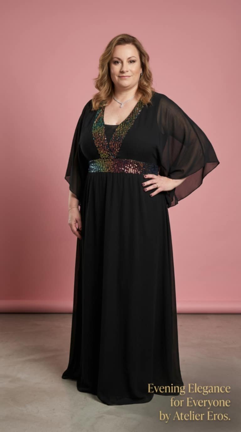 75. Plus Size Μαύρο Αέρινο Φόρεμα με Παγιέτα στο Ντεκολτέ – Elegant & Flowy. Black Plus Size Dress with Sequin Details - Image 2