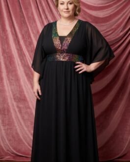 75. Plus Size Μαύρο Αέρινο Φόρεμα με Παγιέτα στο Ντεκολτέ – Elegant & Flowy. Black Plus Size Dress with Sequin Details