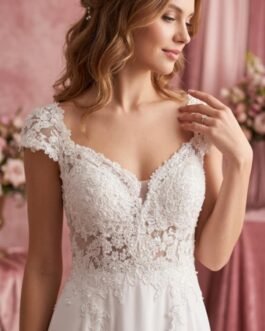 80. Ρομαντικό Νυφικό με Δαντέλα & Off-Shoulder Μανίκια – Bridal Dream/ Romantic Lace Bridal Dress – Off Shoulder Elegance