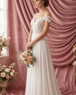 80. Ρομαντικό Νυφικό με Δαντέλα & Off-Shoulder Μανίκια – Bridal Dream/ Romantic Lace Bridal Dress – Off Shoulder Elegance