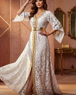 81. Δαντελένιο Maxi με Χρυσές Λεπτομέρειες (White & Blush Pink) / Lace Luxe Maxi Dress