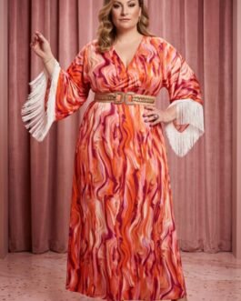 85. Αέρινο Εμπριμέ Maxi Φόρεμα με Κρόσσια – Silk Touch Plus Size