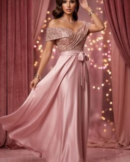 86. Dusty Pink Maxi Φόρεμα με Rose Gold Παγιέτα & Satin Φούστα