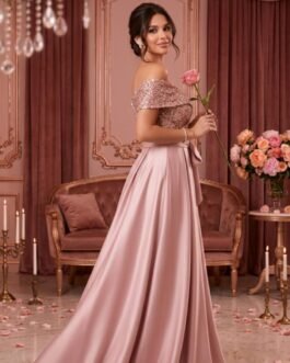 86. Dusty Pink Maxi Φόρεμα με Rose Gold Παγιέτα & Satin Φούστα