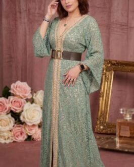 87. Maxi Δαντελένιο Φόρεμα με Ζώνη – Βεραμάν & Καφέ (Plus Size Friendly)