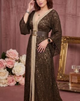 87. Maxi Δαντελένιο Φόρεμα με Ζώνη – Βεραμάν & Καφέ (Plus Size Friendly)