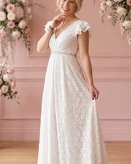 88. Λευκό Δαντελένιο Maxi Φόρεμα Αμπίρ με Μανίκι βολάν – Bridal & Romantic