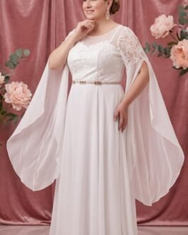 89. Plus Size Νυφικό Maxi με Δαντέλα & Μουσελίνα – Αέρινα Μανίκια