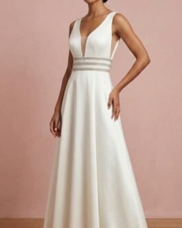 90. Λευκό Satin Maxi Φόρεμα Ντουσέζ με Διαφάνεια – Minimal Bridal