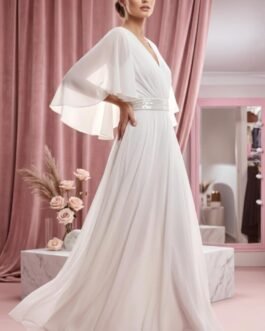 95. Αέρινο Νυφικό Plus Size Κρουαζέ με Μανίκι & Ανάλαφρη Κίνηση