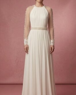 96. Αέρινο Νυφικό Αρχαιοελληνικού Στυλ με Πέρλες & Διάφανα Μανίκια