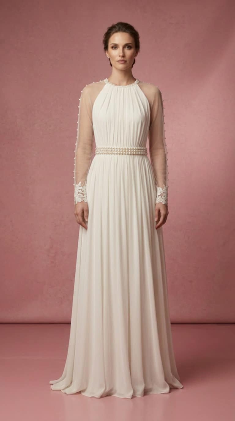 96. Αέρινο Νυφικό Αρχαιοελληνικού Στυλ με Πέρλες & Διάφανα Μανίκια - Image 2