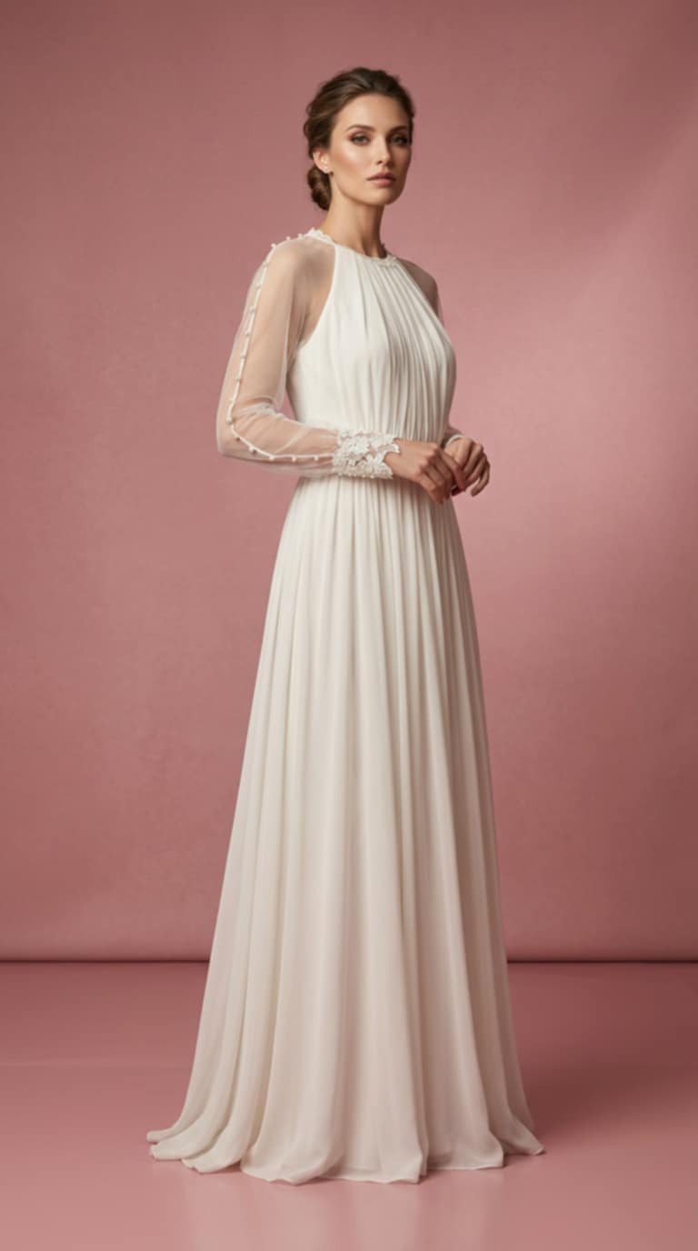 96. Αέρινο Νυφικό Αρχαιοελληνικού Στυλ με Πέρλες & Διάφανα Μανίκια - Image 3