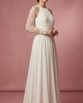 96. Αέρινο Νυφικό Αρχαιοελληνικού Στυλ με Πέρλες & Διάφανα Μανίκια