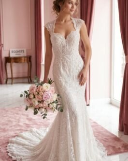 Δαντελένιο Νυφικό Γοργονέ με Πέρλες & Δετή Πλάτη – Luxury Romantic Bridal