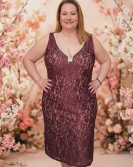 Plus Size Δαντελένιο Αμάνικο Φόρεμα Cocktail σε Μπορντώ & Κυπαρισσί , Elegant Lace Curve Dress for Wedding & Events