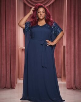 71 . Plus Size Maxi Φόρεμα για Γάμο & Βάπτιση με Παγιέτες – Αέρινο Elegant Φόρεμα με Μανίκια που Καλύπτει Μπράτσα & Κοιλιά/Plus Size Maxi Dress with Sequin