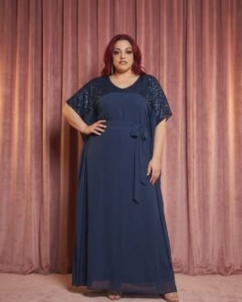 71 . Plus Size Maxi Φόρεμα για Γάμο & Βάπτιση με Παγιέτες – Αέρινο Elegant Φόρεμα με Μανίκια που Καλύπτει Μπράτσα & Κοιλιά/Plus Size Maxi Dress with Sequin