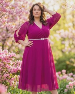 Plus Size Αέρινο Φόρεμα V με Μανίκι σε Μπλε & Μαντζέντα – Elegant Chiffon Cocktail Dress Curve Fit