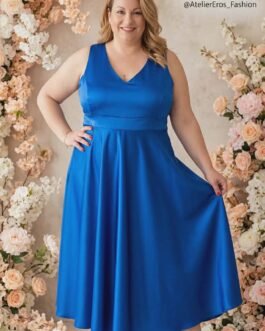Plus Size Σατέν Φόρεμα V με Στρας στο Ντεκολτέ & Αέρινη Γραμμή – Elegant Satin Cocktail Dress Curve Fit with Strass Detail
