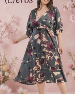 Plus Size Εμπριμέ Μεταξωτό Φόρεμα με Μανίκι & Αέρινη Γραμμή – Elegant Printed Satin Wrap Dress Curve Fit